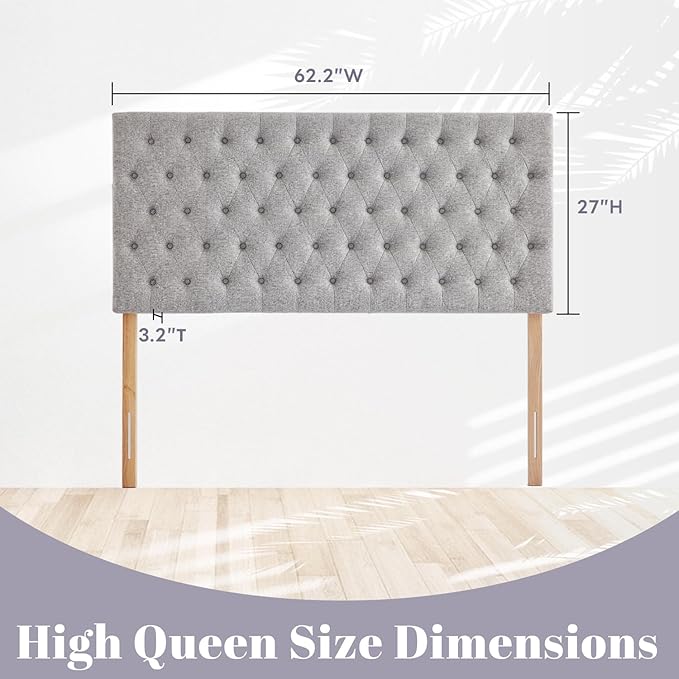 Kingfun Upholstered Queen Headboard Only, Premium Linen Button Tufted Headboards, Adjustable Solid Wood Head Board, Padded Headboard with Solid Wood Legs in Bedroom (Grey)