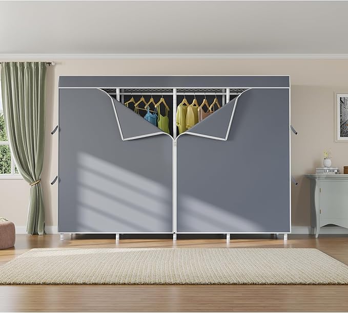 VIPEK V40C Plus Heavy Duty Clothes Rack with Upgraded Polyester Cover, Extra Large Covered Clothing Rack for Hanging Clothes Portable Wardrobe Closet White Closet Rack with Grey Cover, Max Load 1300lb