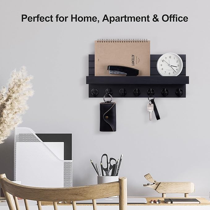 Key Holder Wall Mount, Entryway Key and Mail Holder with 7 Sturdy Hooks for Sunglasses, Dog Leash, Decorative Wall Shelf with Mounting Hardware, 15”W x 6.7”H x 4.2”D