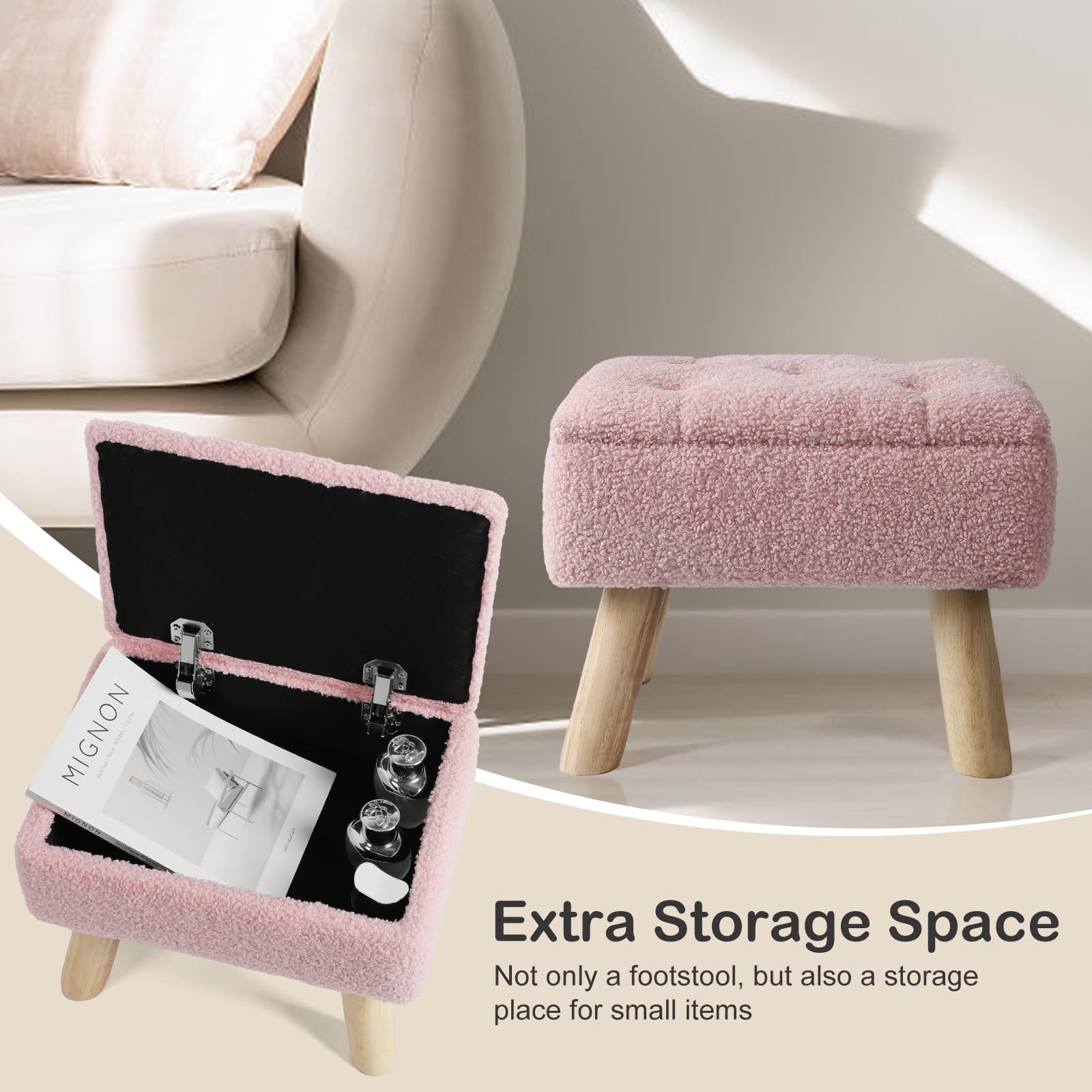 OGEMXU Storage Ottoman, Small Foot Stool Ottoman with Storage, Boucle Teddy Velvet Foot Rest with Padded Seat, Sturdy Wood Legs Stool for Living Room, Bedroom, Couch, Enterway (Cream) Dormly