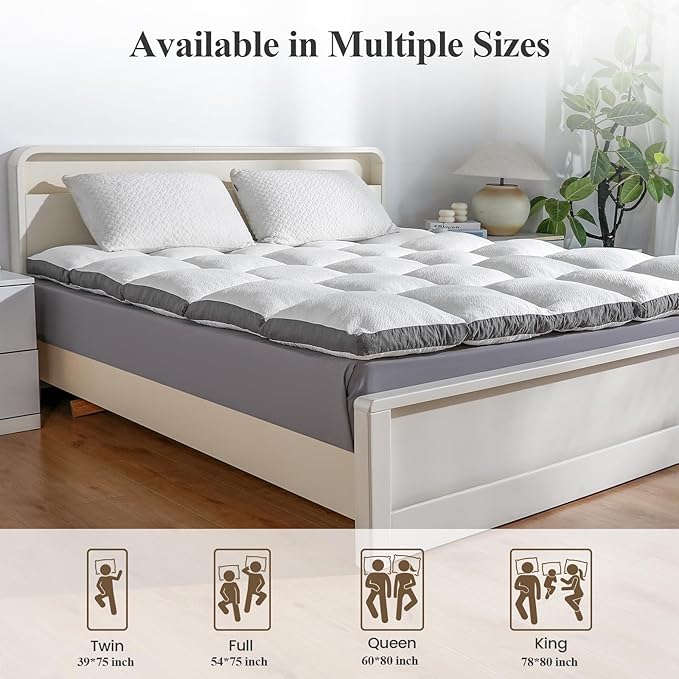 Queen Mattress Topper - Pillow Top Mattress Topper Queen Size Bed, Extra Thick Soft Plush Bed Topper for Back Pain Relief, White，Oeko-TEX Certified - 2000GSM