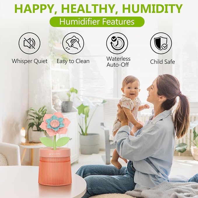 Cute Flower Mini Humidifier, Purple Gardenia Desktop Humidifiers for Bedroom, 260ml Portable Small Cool Mist Humidification, USB Powered, Auto Shut-Off, Perfect for Home, Office & Indoor Plants