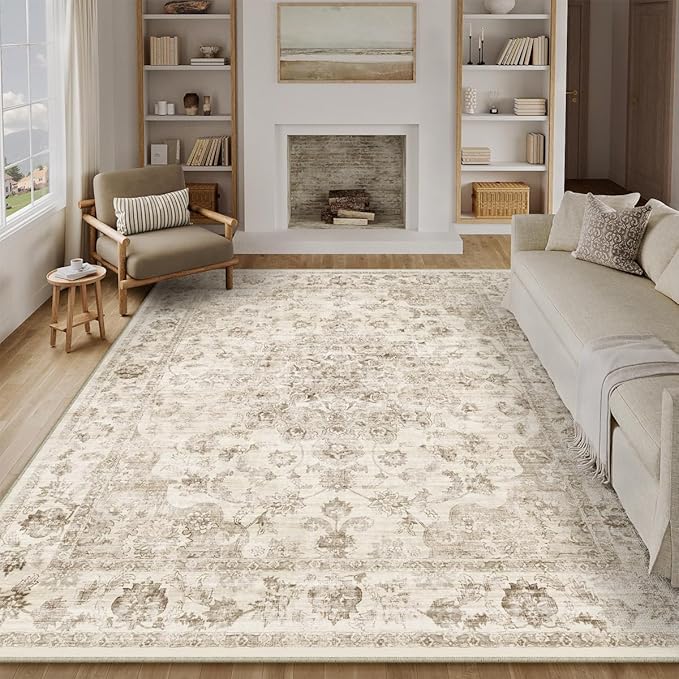10x14 Neutral Area Rug Beige Vintage Living Room Bedroom Washable Carpet Non-Slip Soft Low Pile Floral Indoor Large Throw Rug for Dining Room Office