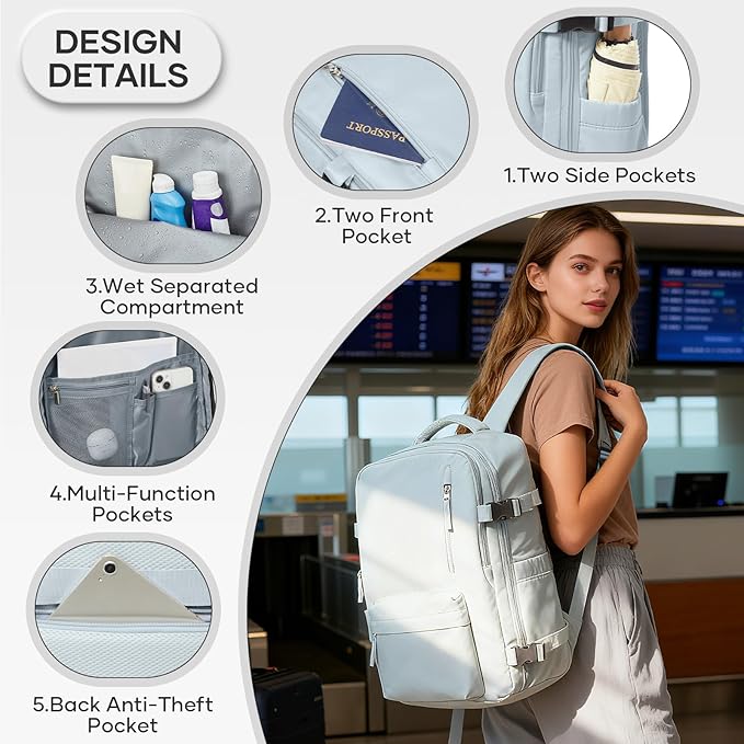 Vacuum Compression Backpack, Travel Vacuum Backpack with Electric Vacpack Pump, Flight Approved Carry On Personal Item Suitcase Luggage for Men Women, Light Blue