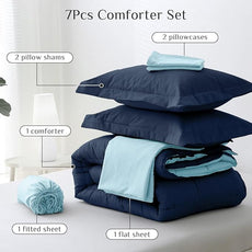 JOLLYVOGUE Queen Comforter Set, Ultra-Soft Bed in a Bag Queen Size 7 Pieces, Oeko-TEX Certified Bedding Set with Down Alternative Comforter, Sheets, Pillowcases & Shams, Navy & Light Blue
