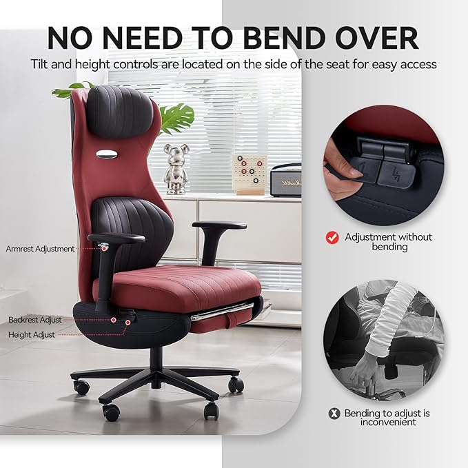 EMIAH Ergonomic Office Chair with Foot Rest Reclining Office Chair with Adjustable Arms and Headrest High Back Gaming Chair with Lumbar Support, PU Leather(Red),Manual