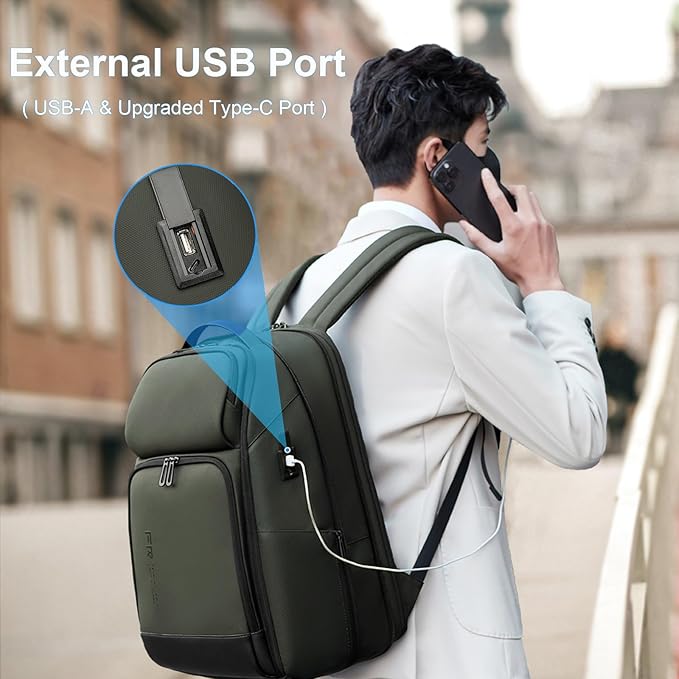 FENRUIEN 17 Inch Travel Backpack Green, Expandable Water Resistant Computer Backpack with USB Port, Laptop Bag for Business/College/Work