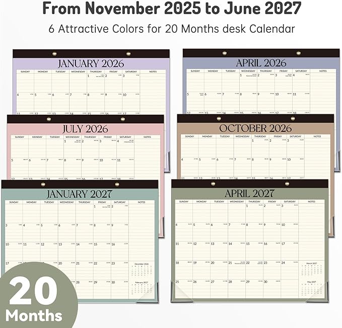 Forvencer Desk Calendar 2026, 20 Months Calendar, Nov. 2025-Jun. 2027, 14" x 11" Wall Calendar 2026 Monthly Planner with Plastic Cover & Stickers & Thick Paper for Office Home School Supplies