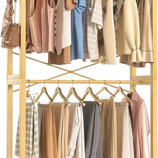 Homykic Bamboo Clothes Rack with Shelves and Double Hang Rods, Portable Closet System Garment Rack for Hanging Clothes, Tall Clothing Rack Corner Closet Organizer, Easy to Built, Natural