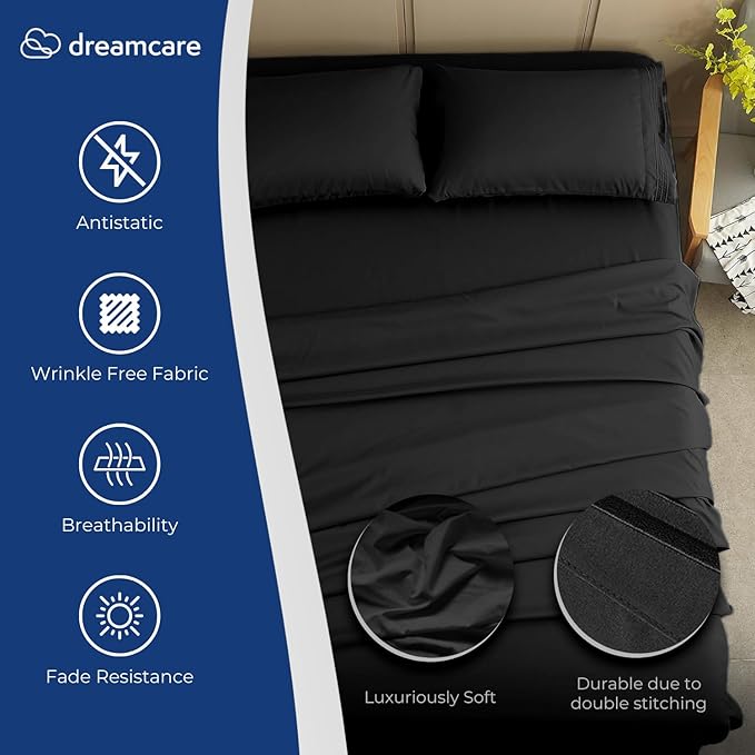 DREAMCARE Full Size Sheets - Cooling Bed Sheets - 4pcs Set - up to 15" Deep Pocket Full Sheet Set - Sheets Full Size Bed - Soft & Long Lasting 100% Fine Brushed Polyester with Side Pocket - Black DREAMCARE