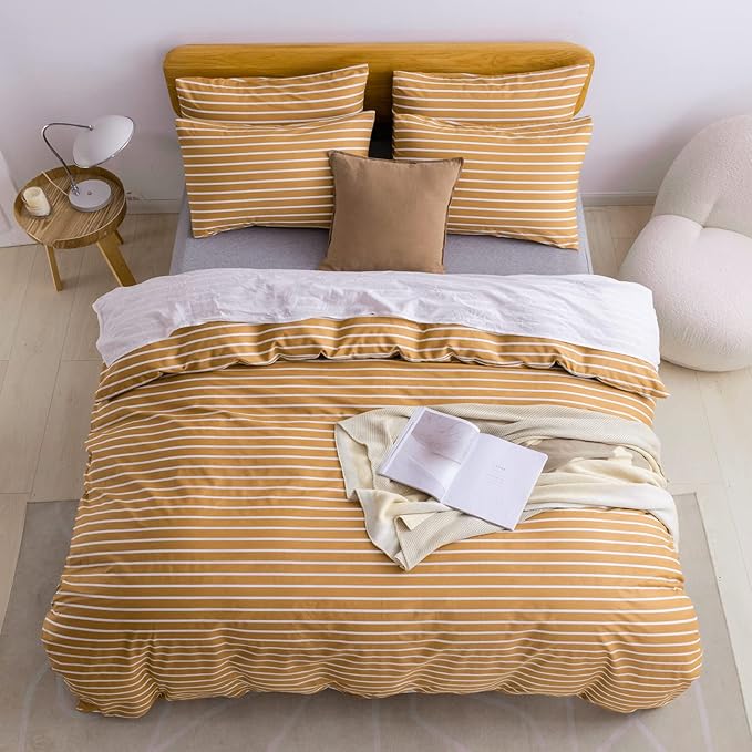 JELLYMONI Queen Duvet Cover Set, Cotton Duvet Cover 3 Pieces with Zipper Closure, 1 Duvet Cover and 2 Pillowcases(Rust with White Striped)