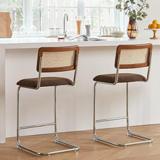 Natural Rattan Counter Height Stools Set of 2 with Solid Wood Back, 29 Inch Mid Century Modern Cesca Bar Stools, Brown Upholstery Boho Stool for Kitchen Counter with Chrome Metal Legs