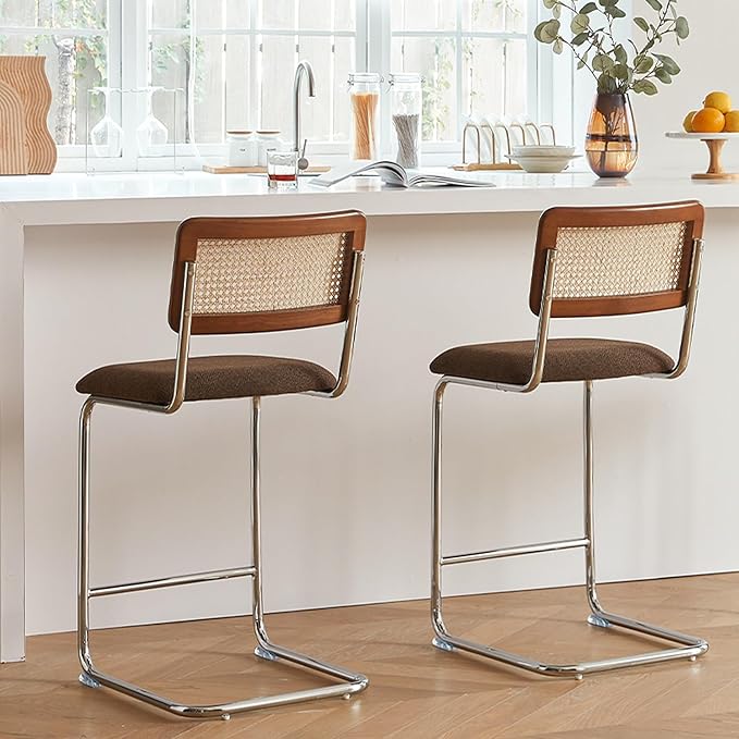 Natural Rattan Counter Height Stools Set of 2 with Solid Wood Back, 29 Inch Mid Century Modern Cesca Bar Stools, Brown Upholstery Boho Stool for Kitchen Counter with Chrome Metal Legs