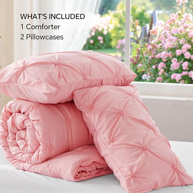 BEDELITE Pink Twin Comforter Set - 2 Peices Boho Pintuck Bedding Comforter Sets, Lightweight Soft & Warm Twin Bedding Sets with 1 Pillowcase for All Season