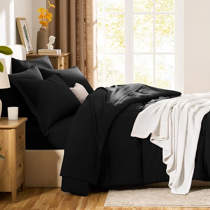 CozyLux King Size Comforter Set Black - 7 Pieces Bed in a Bag King, Okeo-Tex Certifited Bedding Set, All Season Soft Bed Set with Down Alternative Comforter, Sheets, Pillowcases & Pillow Shams