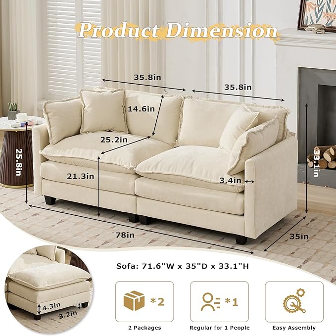 SoarFlash 77.95" Chenille Sectional Sofa, Comfy Modular Loveseat Sofa, Modern 2-Seat Couch Deep Seat Sofa Set for Living Room,Beige
