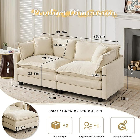 SoarFlash 77.95" Chenille Sectional Sofa, Comfy Modular Loveseat Sofa, Modern 2-Seat Couch Deep Seat Sofa Set for Living Room,Beige
