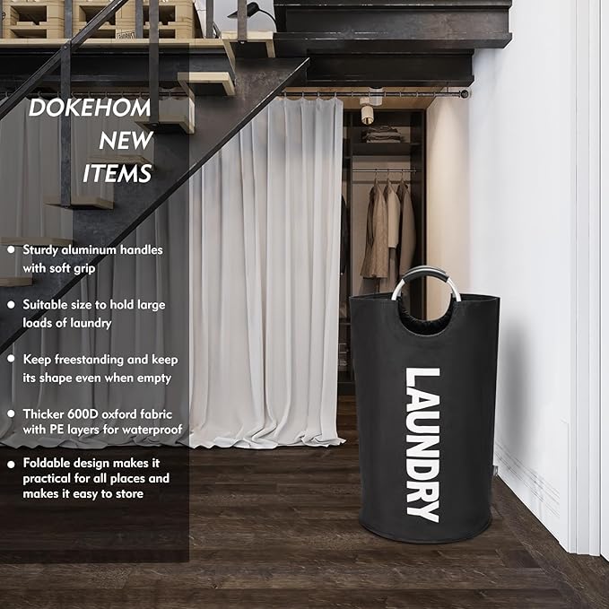 DOKEHOM 125L X-Large Laundry Basket, Collapsible Laundry Bag, Freestanding Tall Clothes Hamper, Foldable Washing Bin (Black)