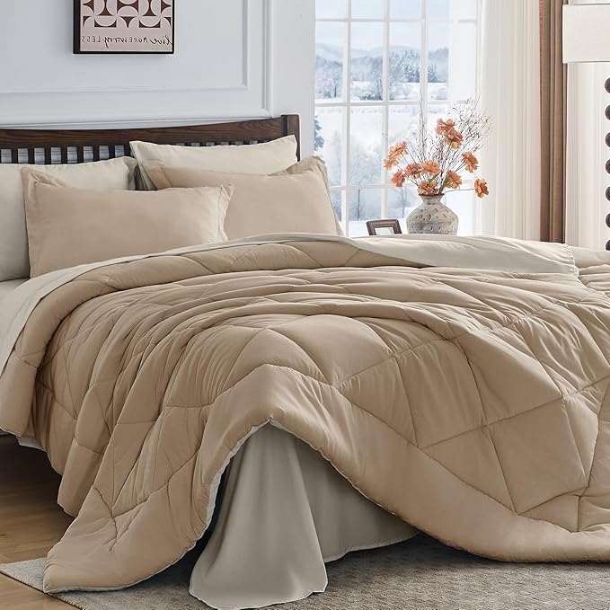 HEVUMYI Khaki & Linen Queen Comforter Set - 7-Piece All Season Bed in a Bag Queen, Ultra Soft Bedding Set with Comforter, Flat Sheet, Fitted Sheet, Pillowcases, Pillow Shams