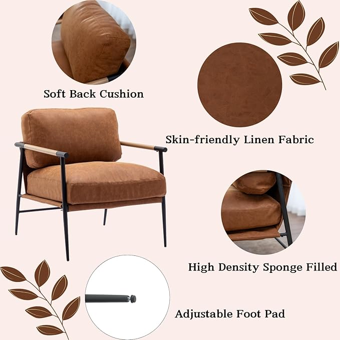 Mid-Century Accent Chair Set of 2, Soft Armchair PU Leather Lounge Chair with Black Metal Legs, Upholstered Leisure Chair for Living Room Bedroom Reception Room, Brown