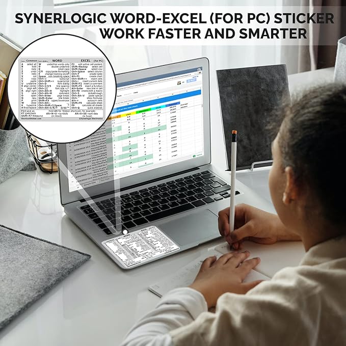 SYNERLOGIC Microsoft Word/Excel (for Windows) Reference Guide Keyboard Shortcut Sticker, Laminated, No-Residue Vinyl (White/Small)