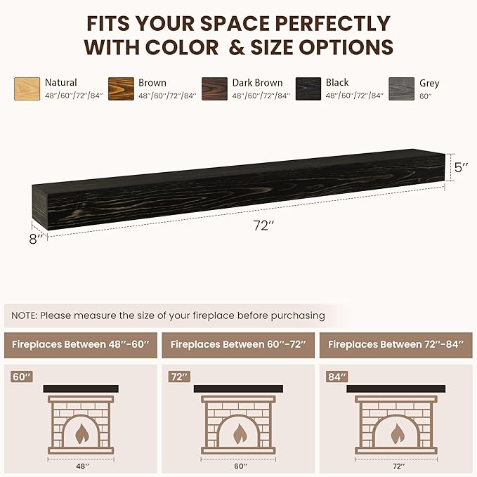 Dreamland 72 X 8 X 5 Fireplace Mantel - Solid Rustic Wood Wall Mounted Floating Shelf - Handcrafted Wood Fireplace Mantels - Floating Fireplace Mantel - Black