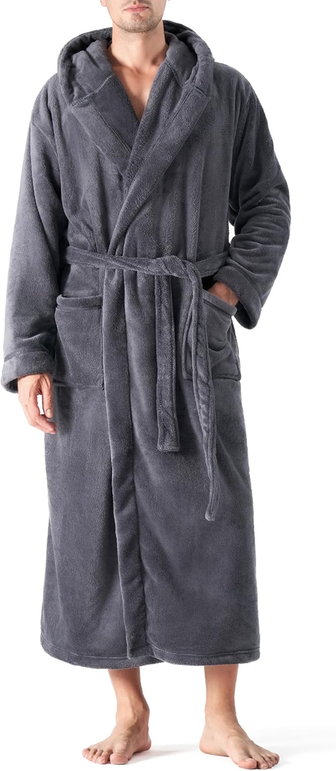 DAVID ARCHY Men's Hooded Robe Soft Coral Fleece Microfiber Bathrobe