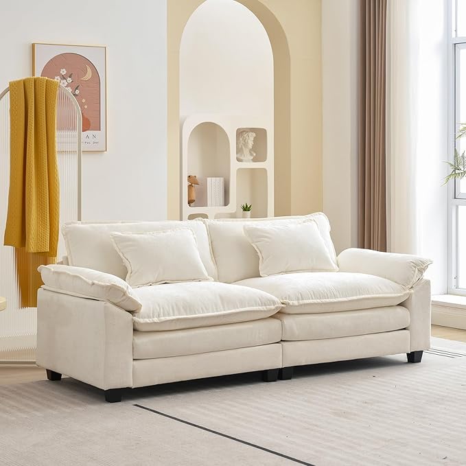 86" Modular Sectional Sofa, Comfy Cloud Couch Sectional Sofa, Chenille Sofa Sleeper Deep Seat Sofa with Throw Pillows for Living Room (Beige White, 86"- Loveseat)