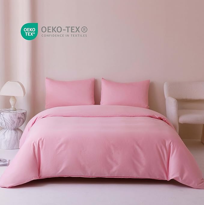 HeimenAogo Egyptian Cotton Duvet Cover Queen Size Sateen Weave, Silky Soft and Breathable Bedding Set with Zipper Closure, Long Staple Cotton Bed Linen Baby Pink 3Pcs (90"×90")