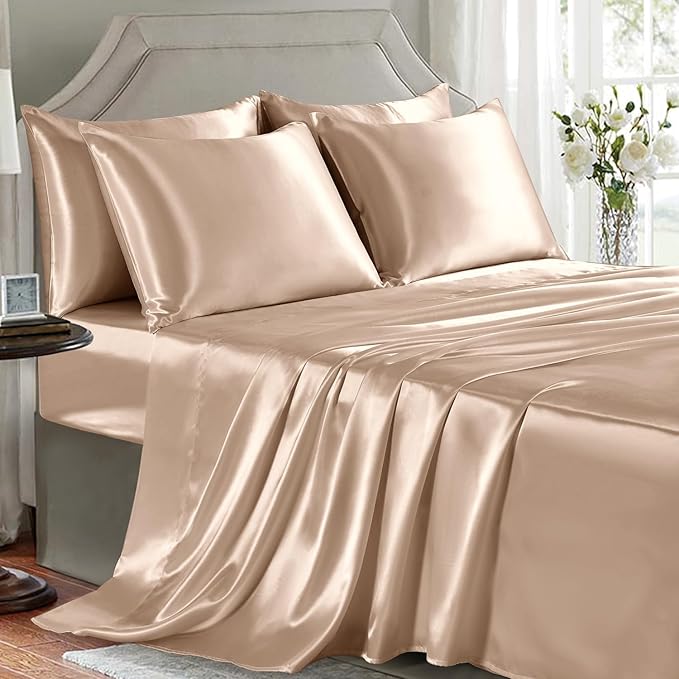 Satin Sheets King Size - 6 Pieces Luxury Silky Soft Bed Sheets, Wrinkle-Free Champagne Satin Silk Sheet Set with 1 Deep Pocket Fitted Sheet, 1 Flat Sheet, 4 Pillow Cases