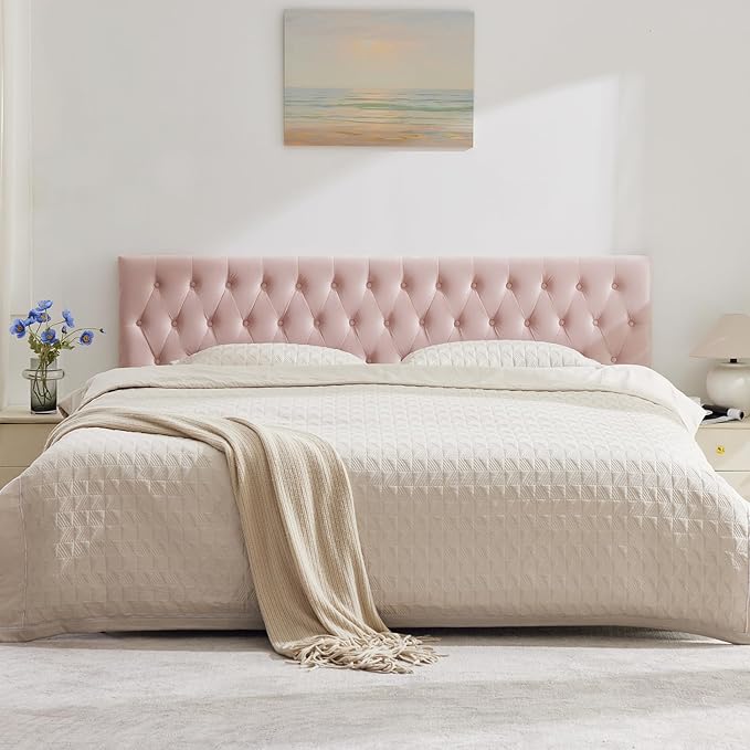 Kingfun Headboards in Modern Button Design, Premium Velvet Fabric Upholstered Tufted Bed Headboard, Adjustable Solid Wood Head Board (Pink, Twin)