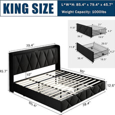 King Bed Frame with 4 Storage Drawers, Upholstered Platform Bed with Charging Station, Modern Wingback Storage Headboard, Easy Assembly,Noise-Free, Black
