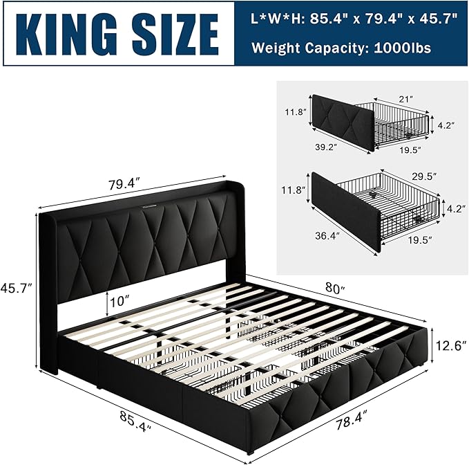 King Bed Frame with 4 Storage Drawers, Upholstered Platform Bed with Charging Station, Modern Wingback Storage Headboard, Easy Assembly,Noise-Free, Black