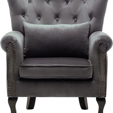 Mid Century Accent Chair Modern Button Tufted Armchair Wingback Club Chair Velvet Single Sofa Lounge Chair with Pillow for Living Room Bedroom, Grey