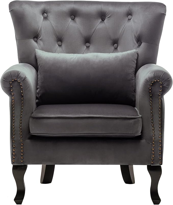Mid Century Accent Chair Modern Button Tufted Armchair Wingback Club Chair Velvet Single Sofa Lounge Chair with Pillow for Living Room Bedroom, Grey