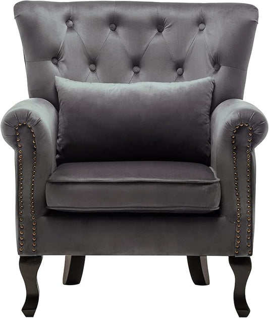 Mid Century Accent Chair Modern Button Tufted Armchair Wingback Club Chair Velvet Single Sofa Lounge Chair with Pillow for Living Room Bedroom, Grey