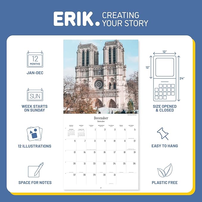 Paris Wall Calendar 2026 12" x 12" FSC® Plastic Free - Starts Week On Sunday | Family Planner Travel Calendar 2026