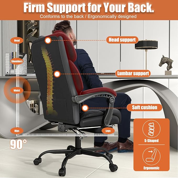 Ergonomic Office Chair with Footrest, 400lbs High Back Executive Home Office Computer Chair with Unique Ear-Shape Headrest for Neck Support,Black Leather Office Chairs for Home Office Work