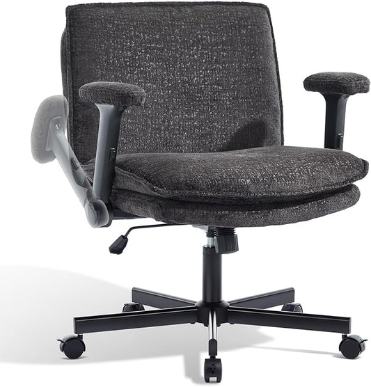 Criss Cross Chair with Flip-Up Arms and Lockable Wheels, Plush Fabric Cross Legged Office Desk Chair,Wider 125°Tilting Adjustable Swivel Computer Chair for Home, Apartment, Bedroom,Black