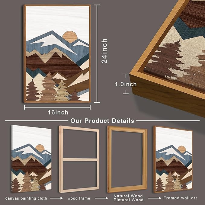BINCUE Large Mountain Wall Art Vintage Mountains Office Framed Canvas 3 Piece Artwork 16x24 Inch for Living Room Bedroom Décor