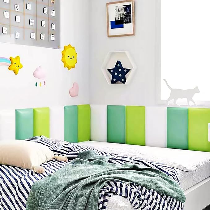 3D Anti-Collision Wall Padding, Peel and Stick Upholstered Wall Panels, Queen Headboard, Playroom Decorative Protection, Pack of 2 Panels Sized 23.6' X 11.8' (Green)
