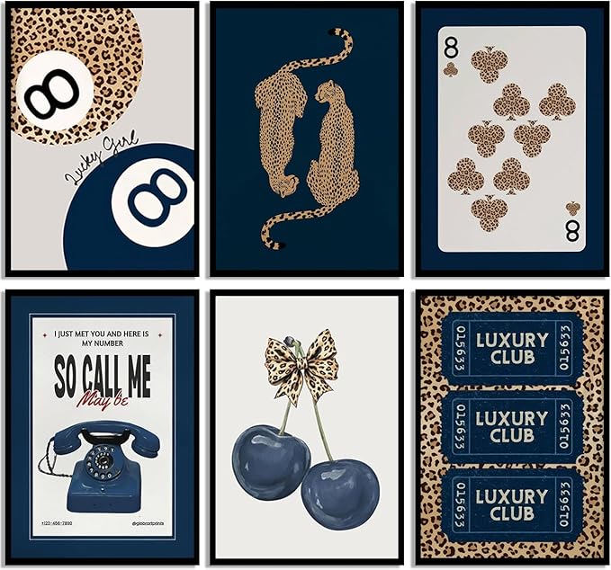 6Pcs Navy Blue Trendy Leopard Canvas Wall Art Fashion Lucky 8 Ball Painting pictures Preppy Y2K Aesthetics Wall Decor Trend Cheetah Prints Artwork for College Dorm Home Decoration 8x10in Unframed