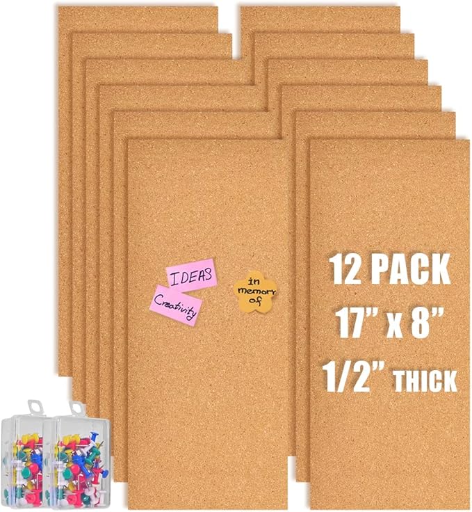 17x8 Cork Board Tiles Bulletin Board, 1/2" Thick Self-Adhesive Cork Boards for Walls, Cork Tiles Vision Board for Home, Office, School, Bulletin Board Decorations(12mm,12pc)