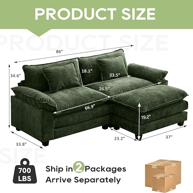 86" Modular Sectional Sofa, Comfy Cloud Couch Sectional Sofa with Ottoman, Chenille Sofa Sleeper Deep Seat Sofa with Throw Pillows for Living Room (Green, 86"- L Shape)