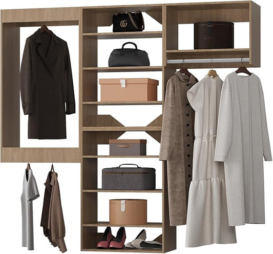 Modular Closet System, 72" Wide Closet Organizer System with Towers and Hanging, Wood Closet Tower Storage for Walk In Closets, Wall Mounted Wardrobe Organizer Kit System, Bedroom, Wood