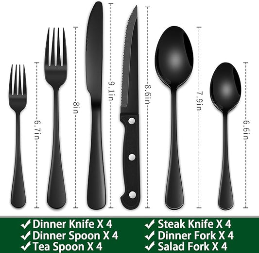 24-Piece Black Silverware Set with Steak Knives, Black Flatware Set for 4, Food-Grade Stainless Steel Tableware Cutlery Set, Mirror Finished Knife Spoon And Fork Sets for Home Restaurant