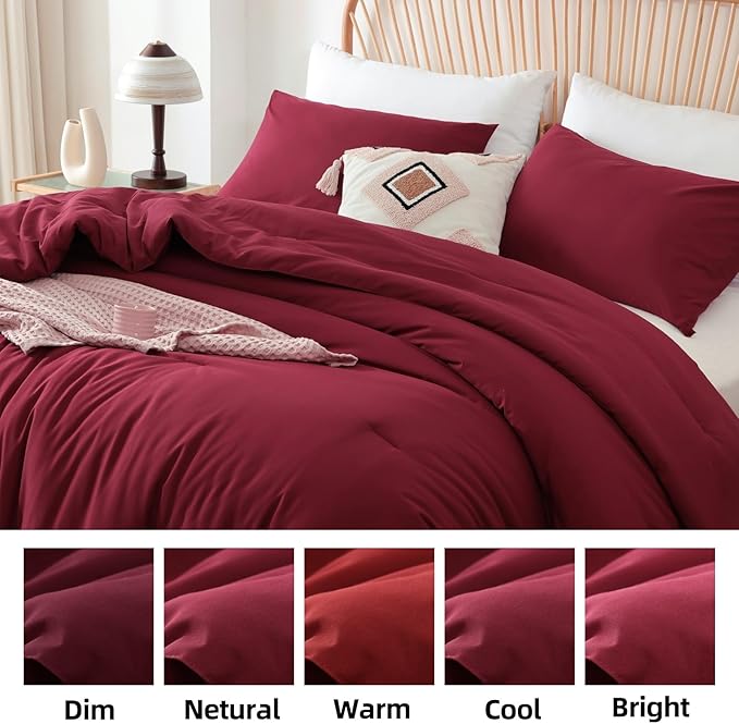 ROSGONIA Queen Comforter Set Dark Red,3pcs Bedding Comforter Sets(1 Boho Red Comforter & 2 Pillowcases) All Season Lightweight Bedspread Blanket Quilt