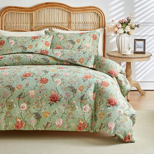MKXI Farmhouse Floral Comforter Set Gorgeous Bed Comforter Print Orange Pink Flowers On Green Queen Size Botanical Comforters Vine Pattern Aesthetic Bedding Comforter for All Season