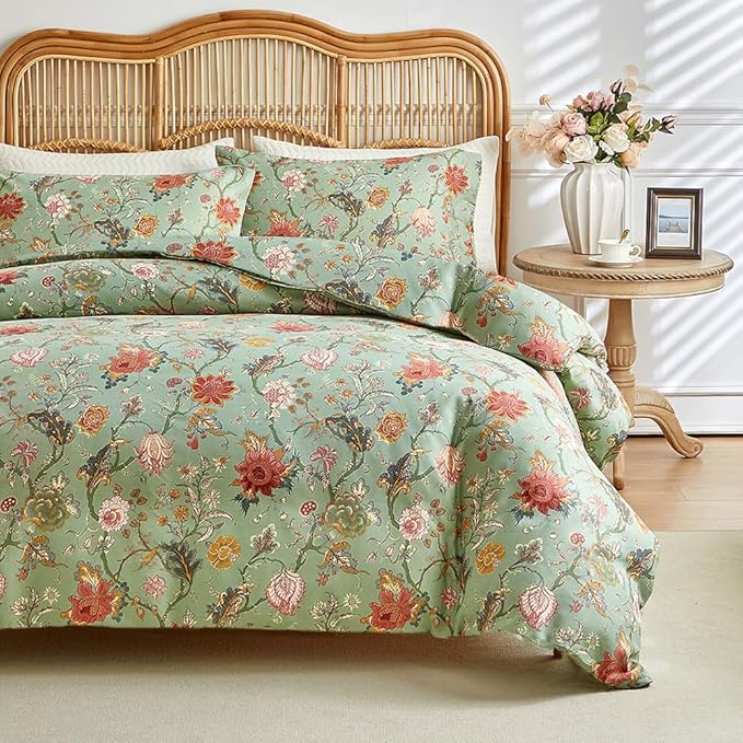 MKXI Farmhouse Floral Comforter Set Gorgeous Bed Comforter Print Orange Pink Flowers On Green Soft Comforter Twin XL Botanical Comforters Vine Pattern Aesthetic Bedding Comforter for All Season