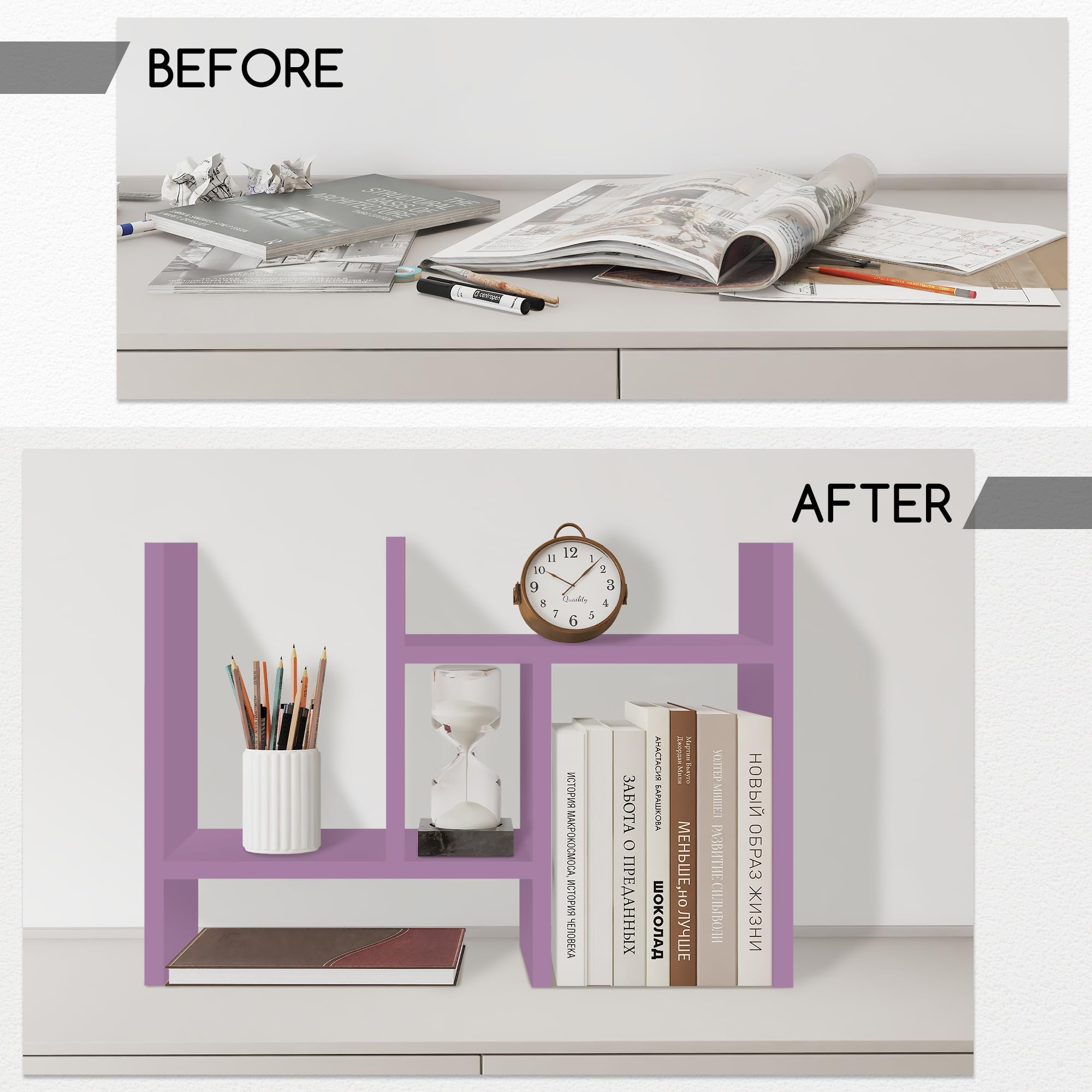Jerry & Maggie Desktop Organizer Office Storage Rack Adjustable Wood Display Shelf Free Style Double H, Multi-Functional Mini Bookshelf for Desk Natural Stand (Violet) Dormly
